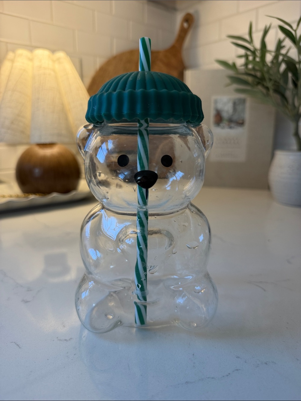 Clear Bear-Shaped Tumbler with Teal Lid and Straw - Unbranded